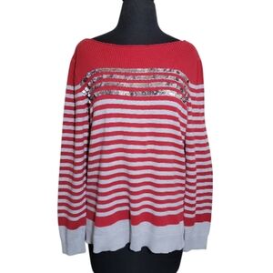 Liz Claiborne red gray stripe boatneck long sleeve cotton sweater size L